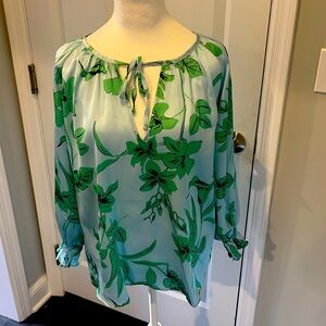 NWT Ramy Brook Randi light blue and green floral silky blouse, size M